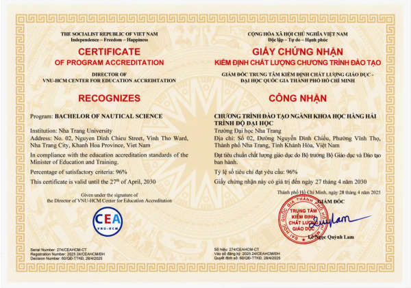 NGÀNH KHOA HỌC HÀNG HẢI ĐẠT CHỨNG NHẬN KIỂM ĐỊNH CHƯƠNG TRÌNH ĐÀO TẠO CHUẨN QUỐC GIA